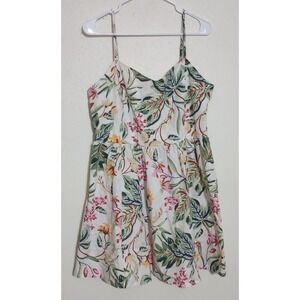 H&M Women Floral Cotton Mini Dress White Tropical Print Smocked Back Size Large